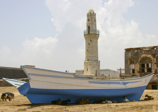 Boat in front of a mosque minaret, Taiz Governorate, Mokha, Yemen