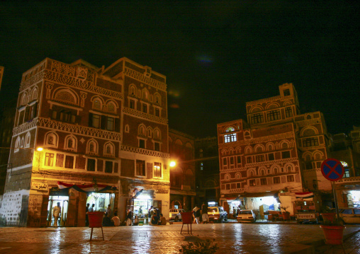 Traditional houses in the old city at night, Amanat Al-Asemah, Sanaa, Yemen