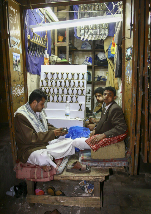 Yemeni men selling jambiyas in a shop, Amanat Al-Asemah, Sanaa, Yemen