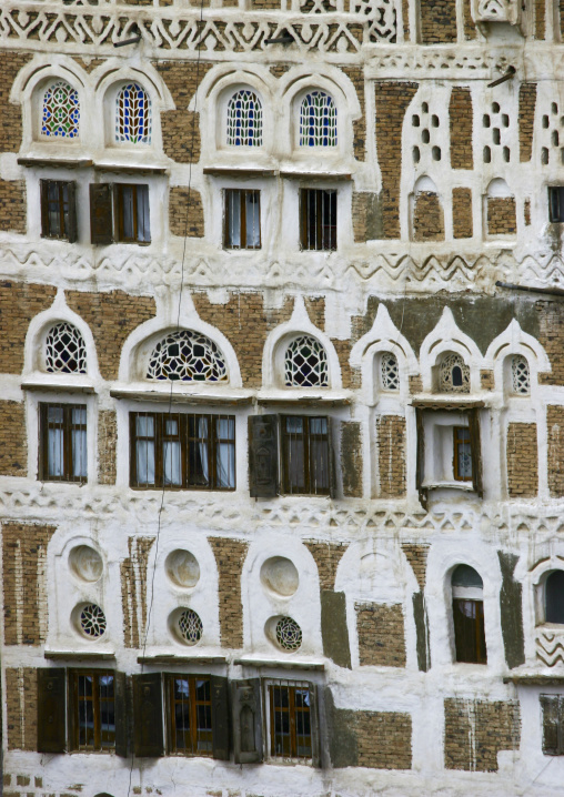 Traditional houses in the old city featuring ornamental facades, Amanat Al-Asemah, Sanaa, Yemen