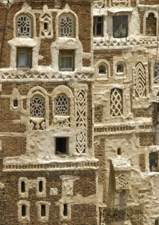 Traditional houses in the old city featuring ornamental facades, Amanat Al-Asemah, Sanaa, Yemen