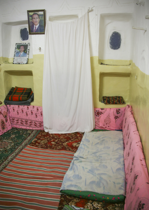 Bedroom with Ali Abdullah Saleh portrait, Amran Governorate, Shaharah, Yemen