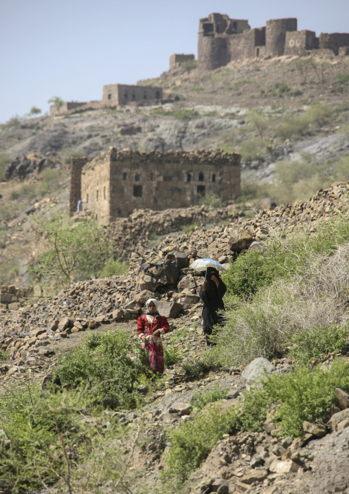Yemeni girls in a mountain village, Amran Governorate, Shaharah, Yemen