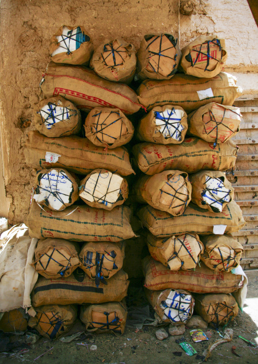 Bags of fresh khat in a market, Hadhramaut, Tarim, Yemen