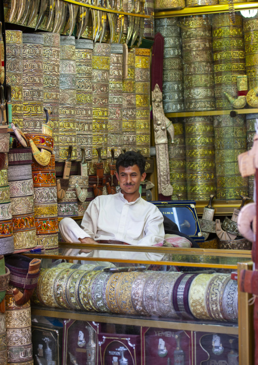 Yemeni man selling jambiyas in a shop, Amanat Al-Asemah, Sanaa, Yemen