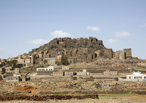 Tower houses built from local sandstone and basalt, Amran Governorate, Amran, Yemen