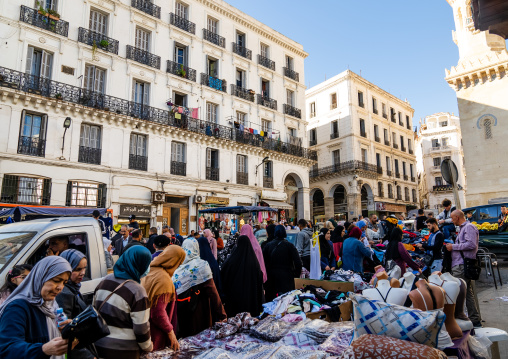Market in front of old french colonial buildings, North Africa, Algiers, Algeria
