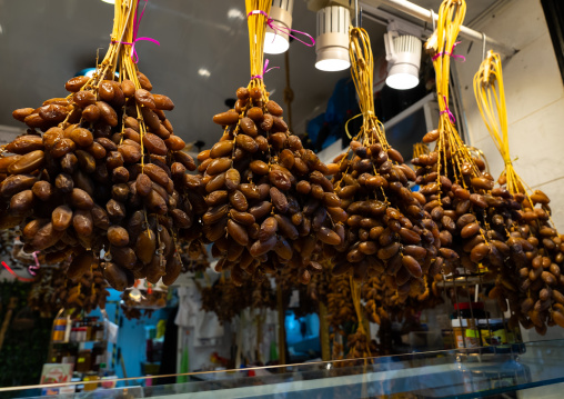 Hanging dates for sale in a shop, North Africa, Algiers, Algeria