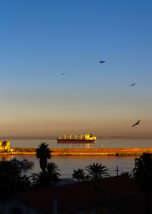 View on a ship in the port at sunset, North Africa, Algiers, Algeria