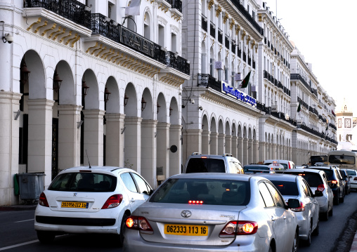 Traffic jam in front of  french colonial buildings, North Africa, Algiers, Algeria
