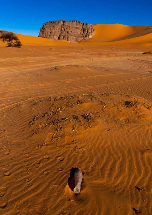 Plastic bottle in the desert, Tassili N'Ajjer National Park, Tadrart Rouge, Algeria