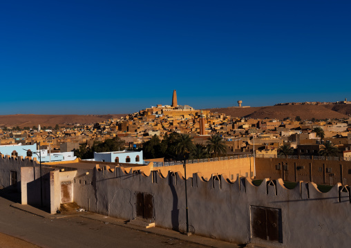 View of the old town with a minaret at the top, North Africa, Ghardaia, Algeria