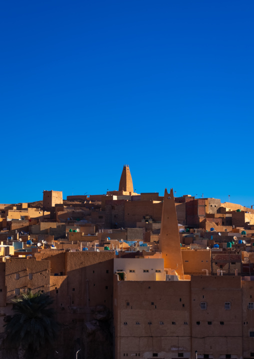 View of the old town with a minaret at the top, North Africa, Ghardaia, Algeria
