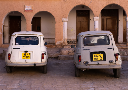 Renault 4L old cars parked in Ksar El Atteuf, North Africa, Ghardaia, Algeria