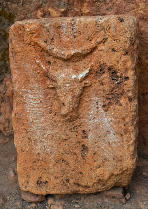 Head bull relief in Tiddis Roman Ruins, North Africa, Bni Hamden, Algeria