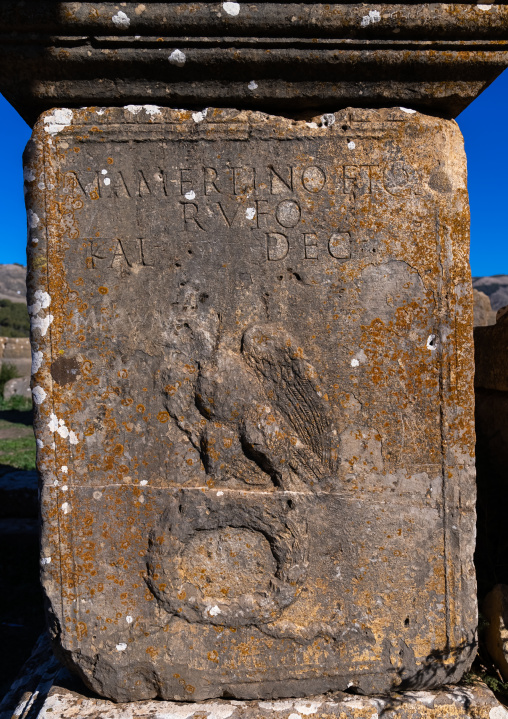 Inscriptions with an eagle in the Roman ruins , North Africa, Djemila, Algeria