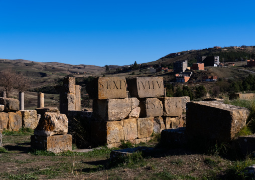 Fragments of a large roman inscription in the Forum , North Africa, Djemila, Algeria