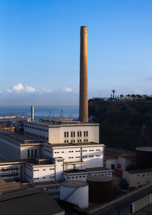 Old power plant chimney in the port, North Africa, Oran, Algeria