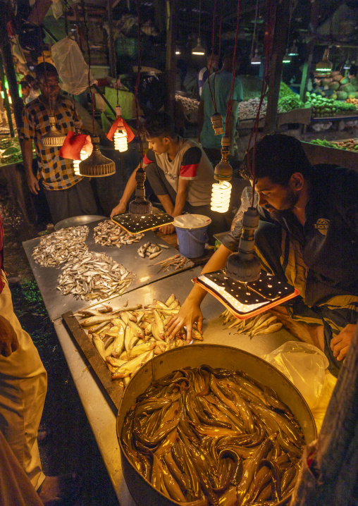 Bangladeshi men selling fresh fish at fish market, Dhaka Division, Dhaka, Bangladesh