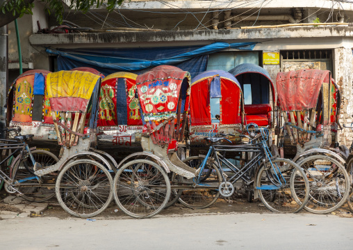 Parked decorated rickshaws, Dhaka Division, Dhaka, Bangladesh