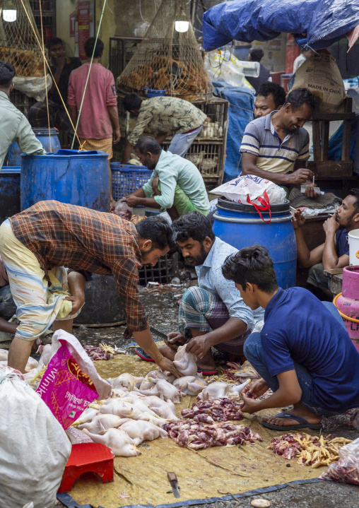 Bangladeshi men cutting chickens at Kawran bazar, Dhaka Division, Dhaka, Bangladesh