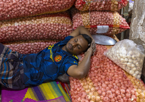 Bangladeshi man sleeping on onions bags at Kawran Bazar market, Dhaka Division, Dhaka, Bangladesh