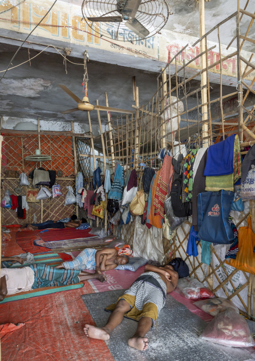 Bangladeshi workers sleeping in dormitory in Kawran bazar, Dhaka Division, Dhaka, Bangladesh