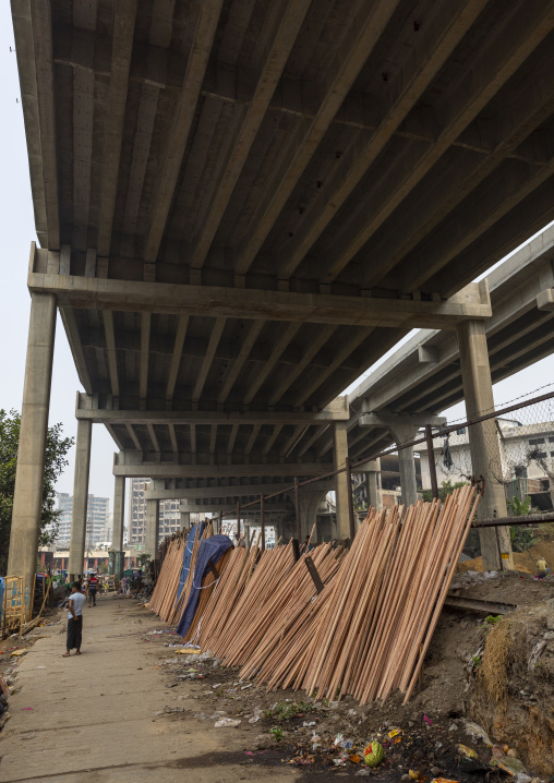 Wood stored along the rail track in Kawran bazar, Dhaka Division, Dhaka, Bangladesh