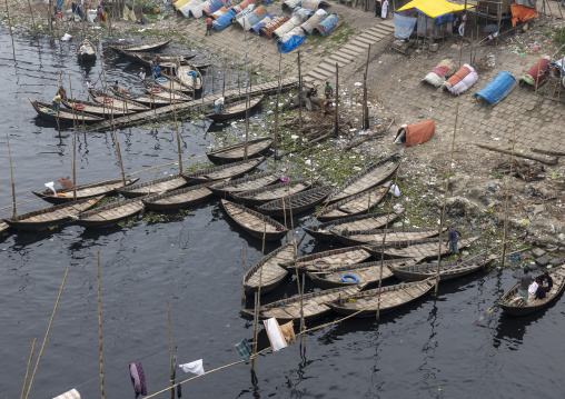 Aerial view of local boats on Buriganga river, Dhaka Division, Keraniganj, Bangladesh