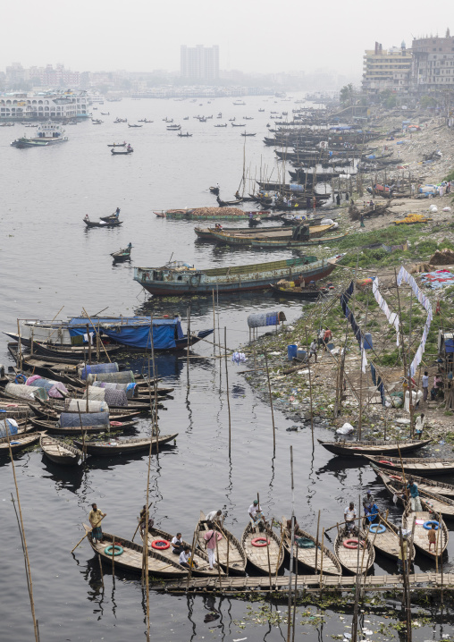 Aerial view of local boats on Buriganga river, Dhaka Division, Keraniganj, Bangladesh