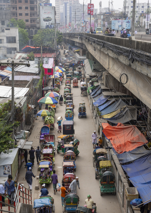 High angle view of rickshaws in traffic, Dhaka Division, Keraniganj, Bangladesh