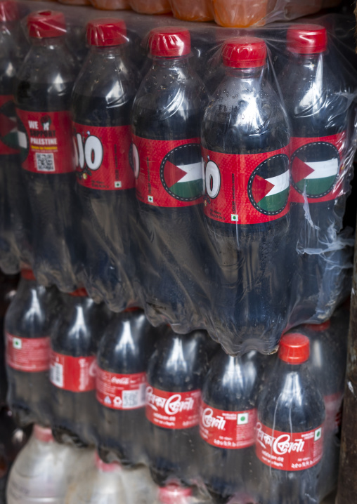 Cola bottles with palestinian flag to support Gaza, Dhaka Division, Keraniganj, Bangladesh