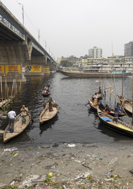 Boats anchored on the bank of Buriganga River, Dhaka Division, Keraniganj, Bangladesh