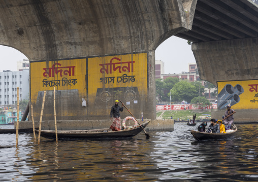 Local boats passing under Buriganga river bridge, Dhaka Division, Keraniganj, Bangladesh