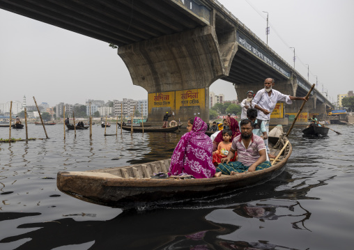 Local boats passing under Buriganga river bridge, Dhaka Division, Keraniganj, Bangladesh