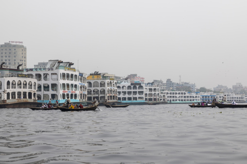 Local boats anf ferries on Buriganga river, Dhaka Division, Keraniganj, Bangladesh