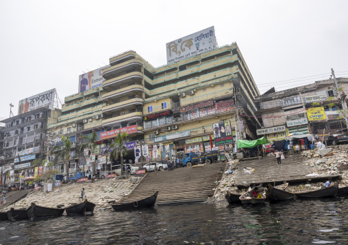 Buildings and shops on the bank of Buriganga river, Dhaka Division, Keraniganj, Bangladesh