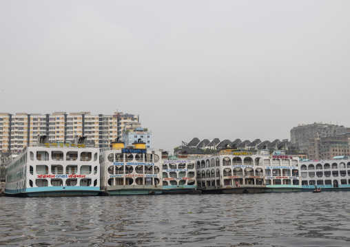 Anchored ferry vessels on the Buriganga River, Dhaka Division, Keraniganj, Bangladesh