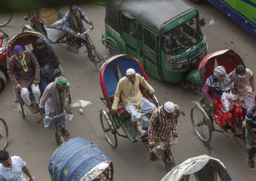 High angle view of rickshaws in traffic, Dhaka Division, Dhaka, Bangladesh