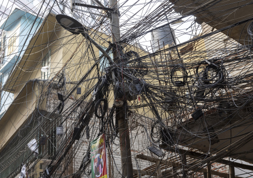 Tangled power lines in the street, Dhaka Division, Dhaka, Bangladesh