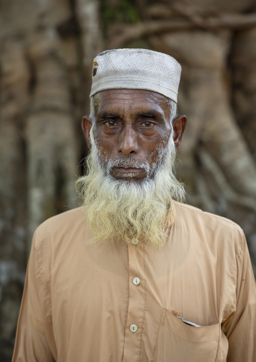 Portrait of an old man with a white beard in front of a banyan tree, Sylhet Division, Kamalganj, Bangladesh