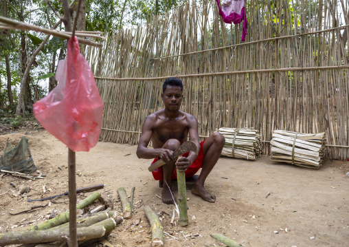 Santal tribe man cutting bamboos, Sylhet Division, Kamalganj, Bangladesh