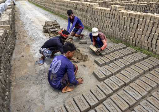 Worlers putting clay in a brick mould, Sylhet Division, Bahubal, Bangladesh