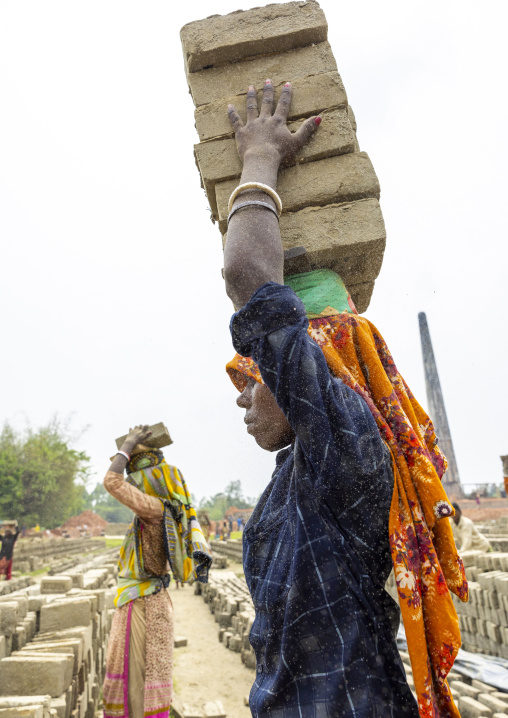 Women carrying bricks on their heads at a brick factory, Sylhet Division, Bahubal, Bangladesh