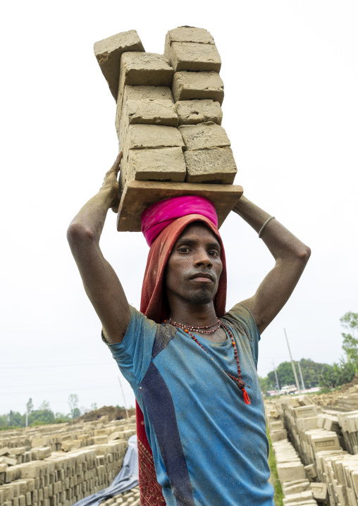 Hijra carrying bricks on his head at a brick factory, Sylhet Division, Bahubal, Bangladesh