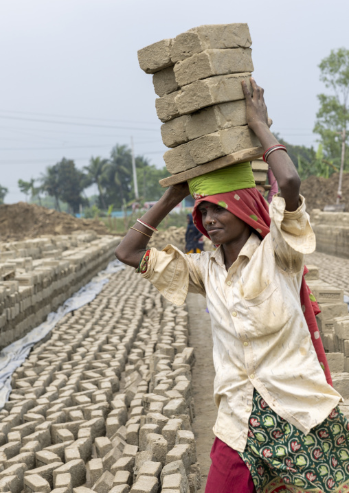 Women carrying bricks on their heads at a brick factory, Sylhet Division, Bahubal, Bangladesh