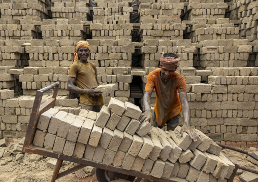 Bangladeshi brick field workers arranging bricks, Sylhet Division, Bahubal, Bangladesh