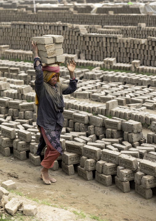 A bangladeshi man carries bricks on his head at a brick factory, Sylhet Division, Bahubal, Bangladesh