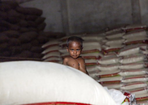 Bangladeshi boy working in a rice warehouse, Chittagong Division, Ashuganj, Bangladesh