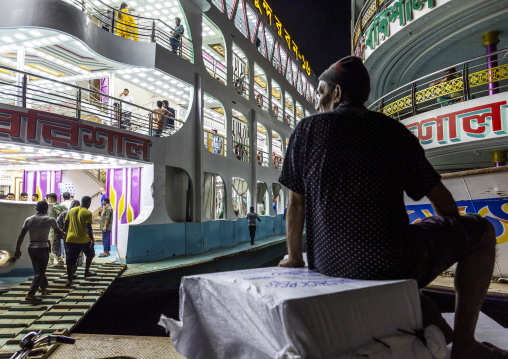 Passengers entering the ferry to Barisal at Sadaghat Launch Terminal, Dhaka Division, Dhaka, Bangladesh